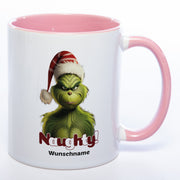 Zum Wichteln oder zu Nikolaus: Kaffeetasse Grinch mit Bild und Text: Naughty! mit Wunschname in der Farbe pink