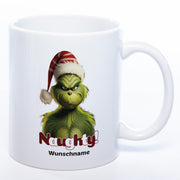 Zum Wichteln oder zu Nikolaus: Kaffeetasse Grinch mit Bild und Text: Naughty! mit Wunschname in der Farbe weiß