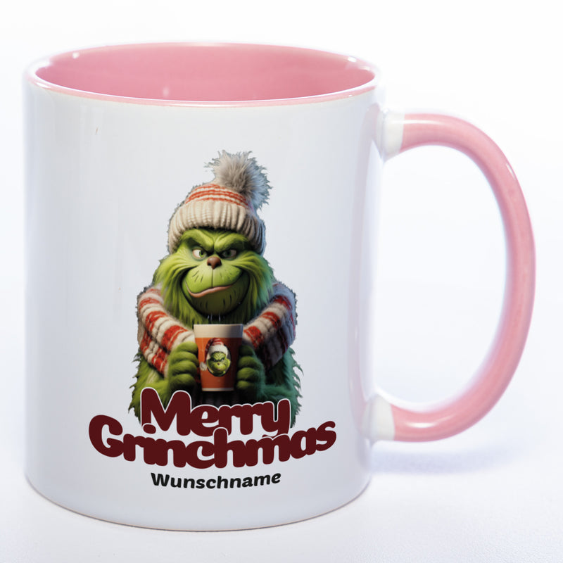 Kaffeetasse zu Weihnachten und Wichteln Merry Grinchmas plus Wunschname -pink
