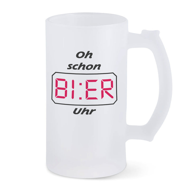 Bierkrug aus satiniertem Glas mit Motiv und Spruch: Oh schon BI:ER Uhr