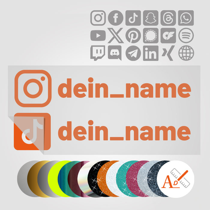 Doppelter Social Media Sticker mit Deinem Namen in Sonderfarben GLITZER, REFLEKTOR, HOLO, GOLD, SILBER, NEON, FARBWECHSEL, MILCHGLAS