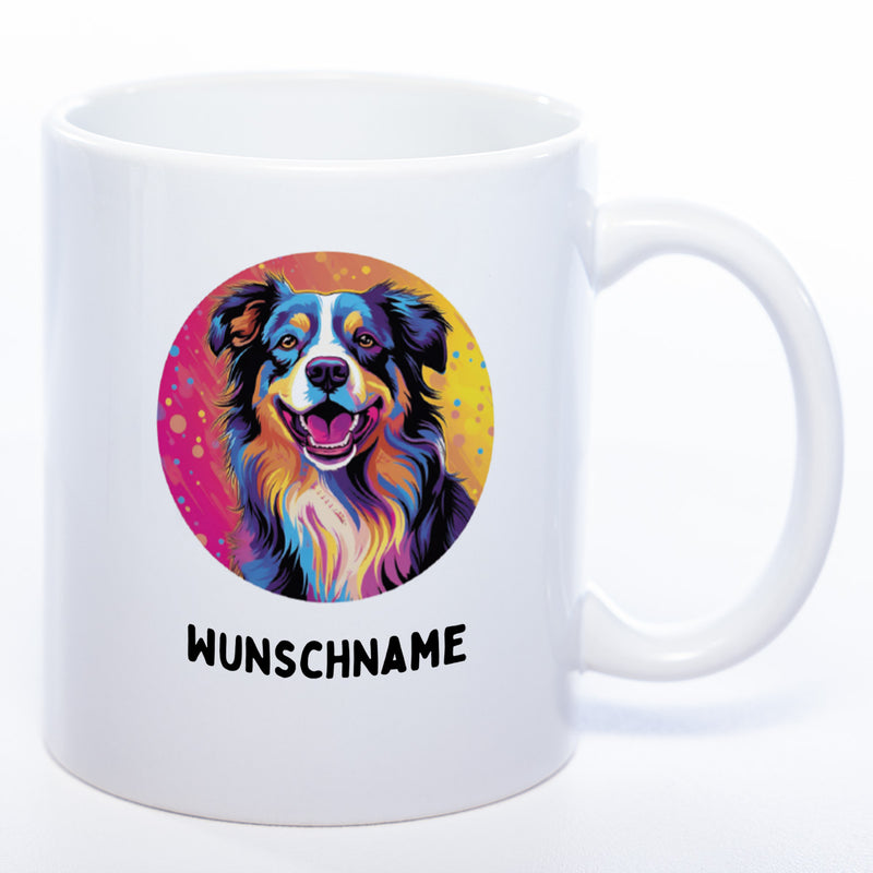 Hundetasse Australian Shepherd 1 mit Wunschname in weiß