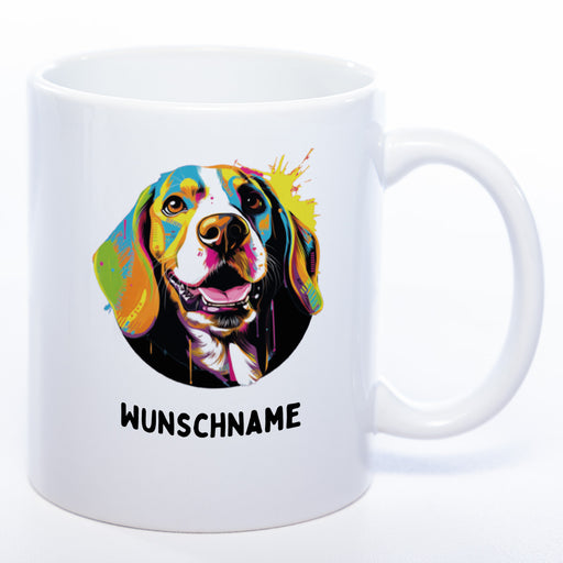 Hundetasse Beagle 3 mit Wunschname in weiß