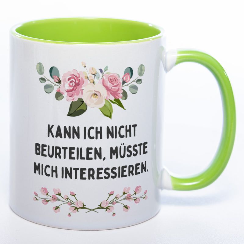 Blümchen-Tasse mit Spruch "Kann ich nicht beurteilen, müsste mich interessieren." - Lustige Kaffeetasse spülmaschinenfest