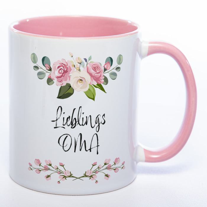Blümchen-Tasse mit Spruch "Lieblings Oma." - Kaffeetasse für die allerliebste Oma - spülmaschinenfest