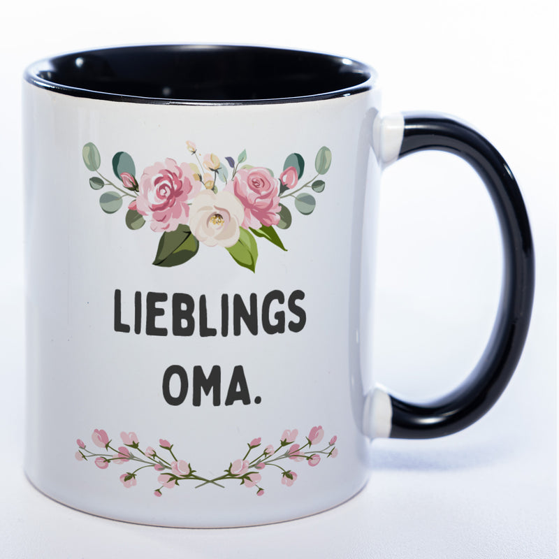 Blümchen-Tasse mit Spruch "Lieblings Oma." -  Kaffeetasse für die allerliebste Oma - spülmaschinenfest