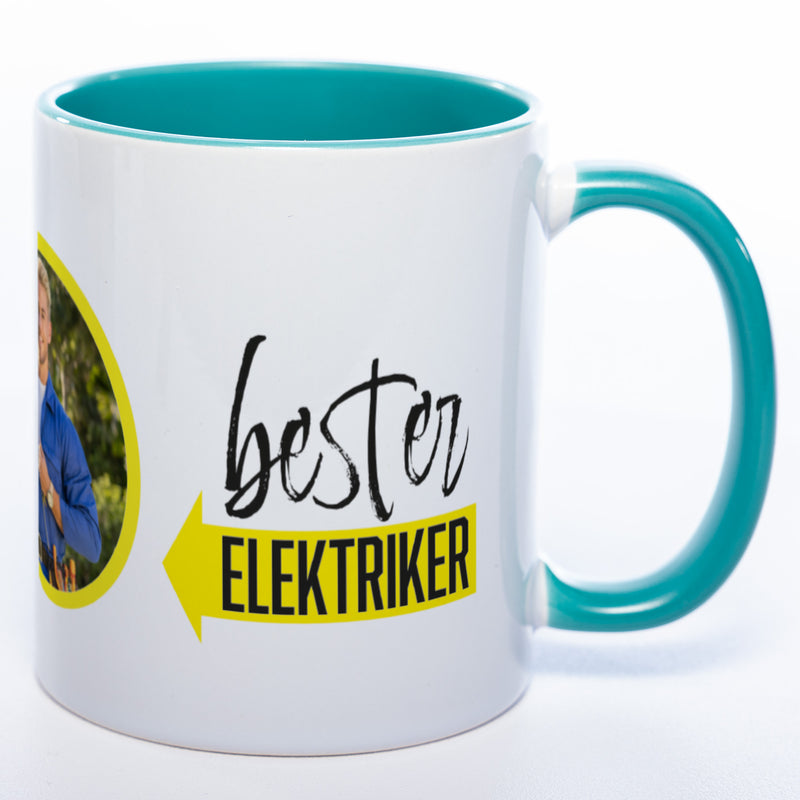 Spülmaschinenfeste Tasse "Bester Elektriker" mit Foto (HD Druck) | Jetzt selbst gestalten!