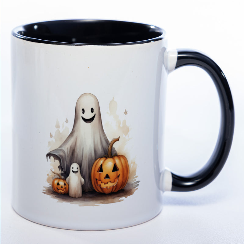 Motiv-Tasse mit süßen Geistern und Kürbissen  - exclusive Kaffeetasse spülmaschinenfest