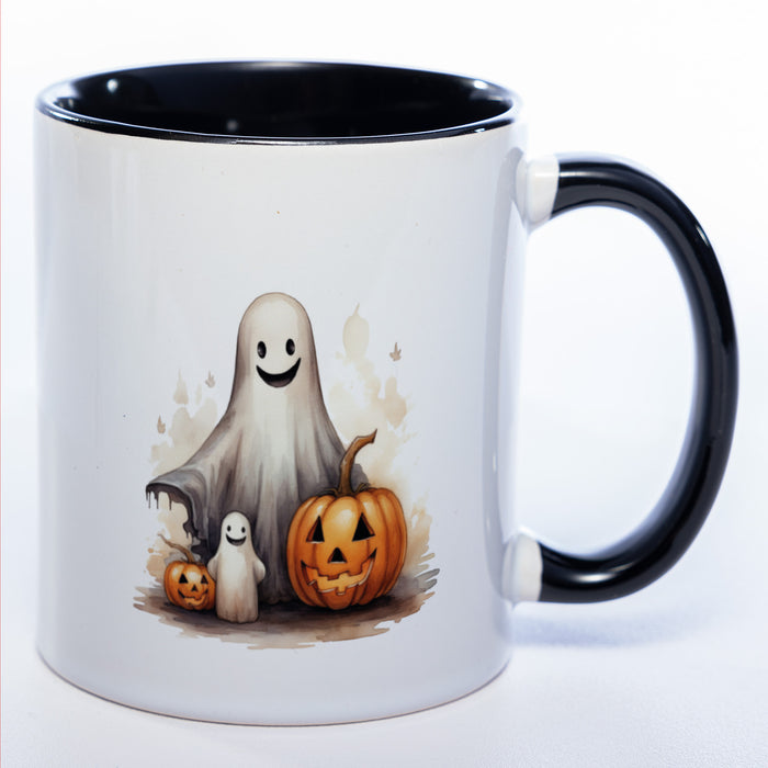Motiv-Tasse mit süßen Geistern und Kürbissen - exclusive Kaffeetasse spülmaschinenfest