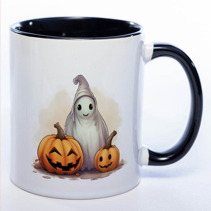 Motiv-Tasse mit süßem Geist und und 2 Kürbissen - exclusive Kaffeetasse spülmaschinenfest