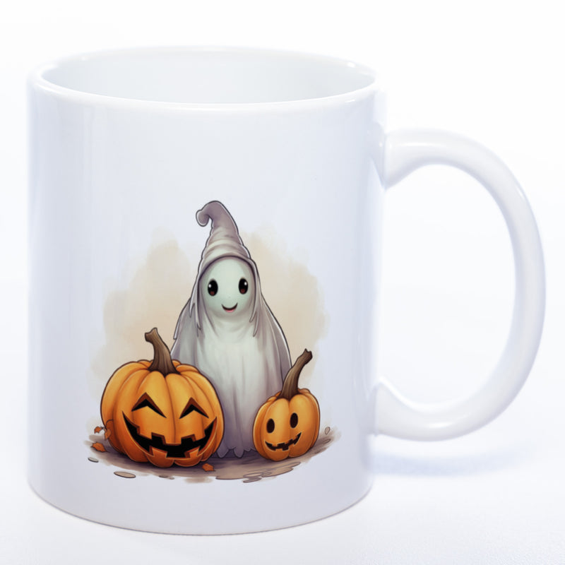 Motiv-Tasse mit süßem Geist und und 2 Kürbissen  - exclusive Kaffeetasse spülmaschinenfest