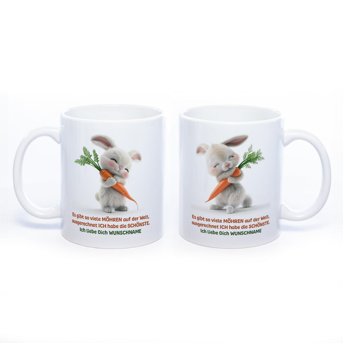 Motivtasse Hase mit Möhre und Wunschnamen - süße Kaffeetasse, nicht nur zu Ostern - spülmaschinenfest