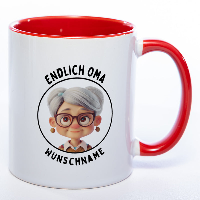 "Endlich Oma"-Tasse mit Wunschnamen - spülmaschinenfest