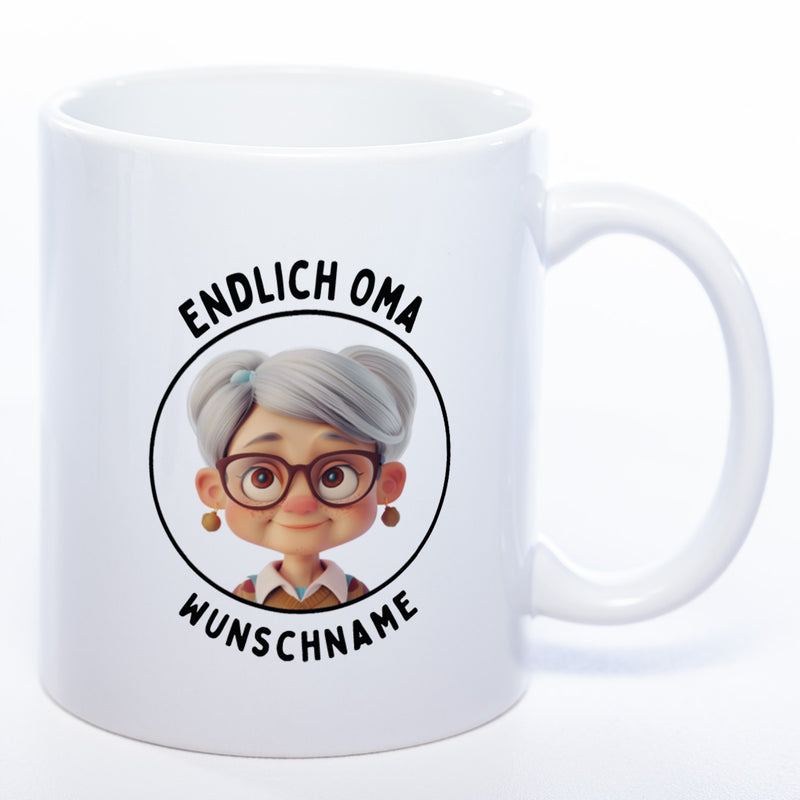 "Endlich Oma"-Tasse mit Wunschnamen - spülmaschinenfest