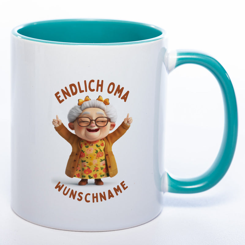 "Endlich Oma"-Tasse mit Wunschnamen - spülmaschinenfest