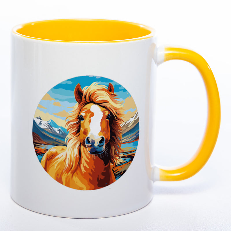 Tassenfarbe gelb mit  Pferdemotiv