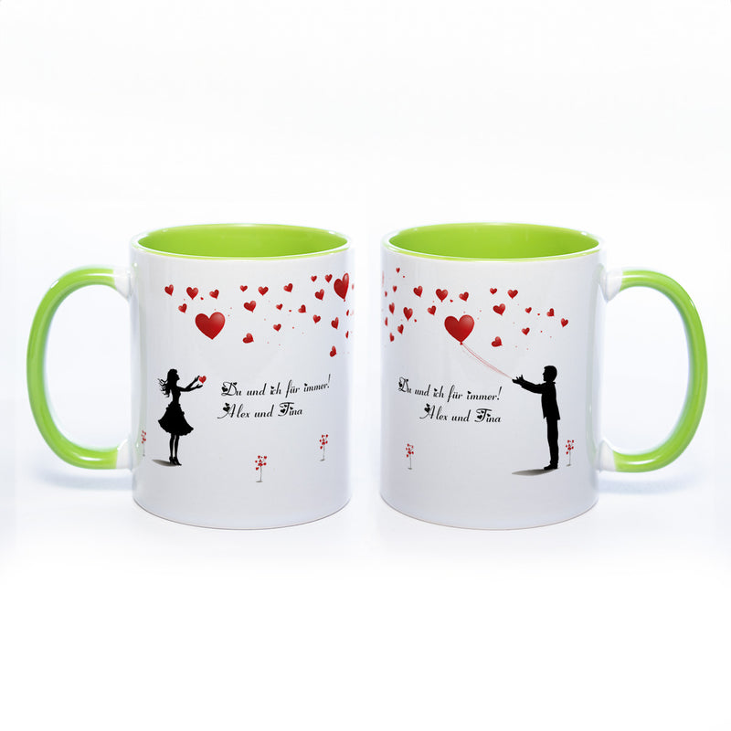 Motiv - Tasse mit Liebespaar und Wunschtext spülmaschinenfest