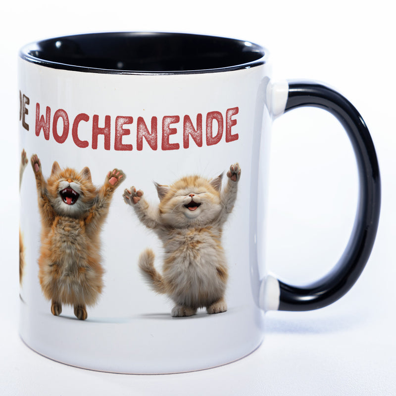 Motiv-Tasse Katzen "Hoch die Hände Wochenende" spülmaschinenfest