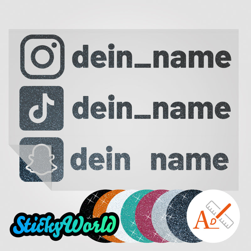 Dreifacher Social Media Sticker mit Deinem Namen in Sonderfarben GLITZER, REFLEKTOR, HOLO,  GOLD, SILBER, NEON, FARBWECHSEL, MILCHGLAS