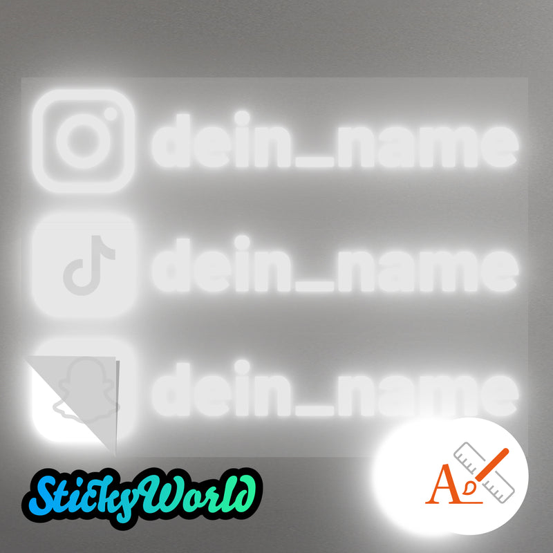 Dreifacher Social Media Sticker mit Deinem Namen in Sonderfarben GLITZER, REFLEKTOR, HOLO,  GOLD, SILBER, NEON, FARBWECHSEL, MILCHGLAS