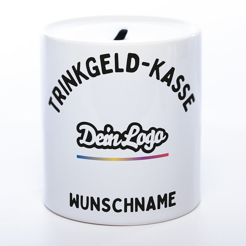 Personalisierte Spardose mit Firmenlogo und Wunschnamen – Trinkgeld-Kasse aus hochwertiger Keramik
