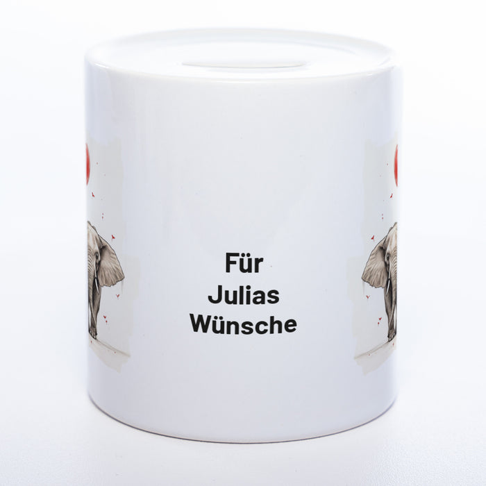 Hochwertige Spardose aus Keramik mit süßem Elefanten-Paar und Wunschtext | Geschenkidee