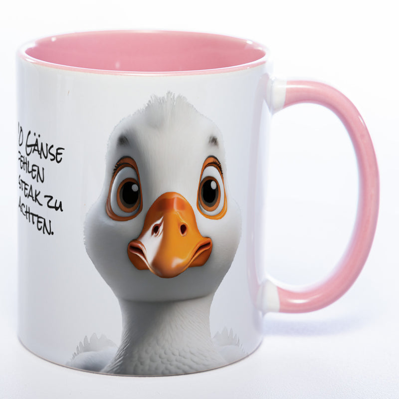 lustige Kaffeetasse mit Gänsekopf und Spruch 9 von 10 Gänse empfehlen Steak zu Weihnachten - pink