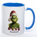 Zum Wichteln oder zu Nikolaus: Kaffeetasse Grinch mit Bild und Text: Naughty! mit Wunschname in der Farbe blau