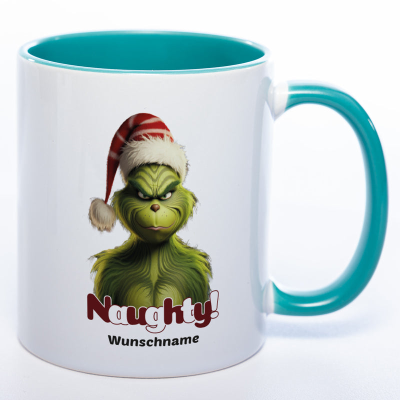 Zum Wichteln oder zu Nikolaus: Kaffeetasse Grinch mit Bild und Text: Naughty! mit Wunschname in der Farbe petrol