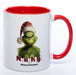 Zum Wichteln oder zu Nikolaus: Kaffeetasse Grinch mit Bild und Text: Naughty! mit Wunschname in der Farbe rot