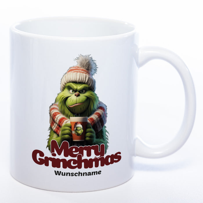 Kaffeetasse zu Weihnachten und Wichteln Merry Grinchmas plus Wunschname -weiß