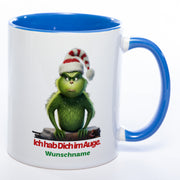 Kaffeetasse Grinch mit Text: Ich hab Dich im Auge Wunschnamen - blau