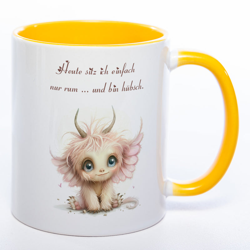 Motiv-Tasse mit Spruch "Heute sitz ich einfach nur rum... und bin hübsch" - lustige Kaffeetasse in vielen Farben - spülmaschinenfest