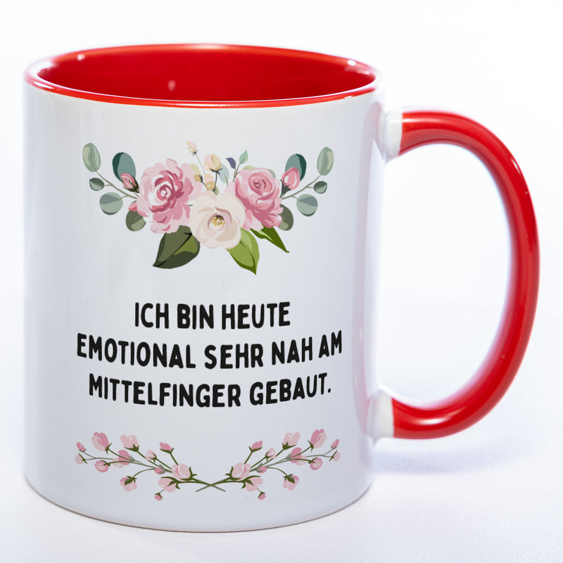 Blümchen-Tasse mit Spruch "Ich bin heute emotional sehr nah am Mittelfinger gebaut" - Lustige Kaffeetasse spülmaschinenfest