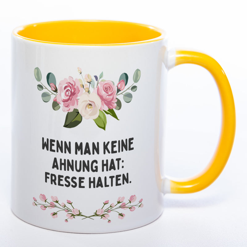 Blümchen-Tasse mit Spruch "Wenn man keine Ahnung hat: Fresse halten" - Lustige Kaffeetasse spülmaschinenfest