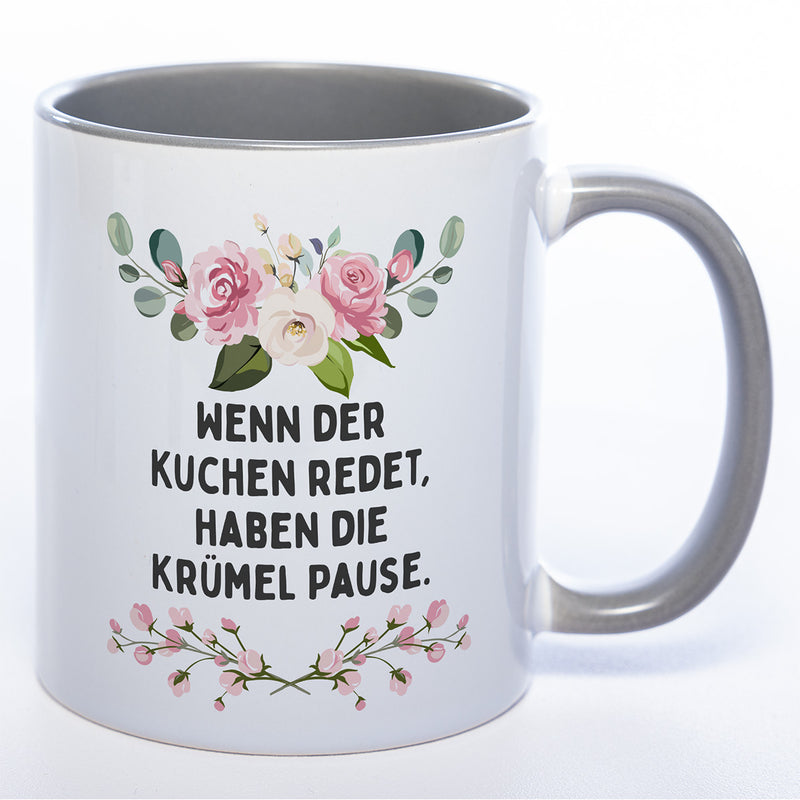 Blümchen-Tasse mit Spruch "Wenn der Kuchen redet, haben die Krümel Pause" - Lustige Kaffeetasse spülmaschinenfest