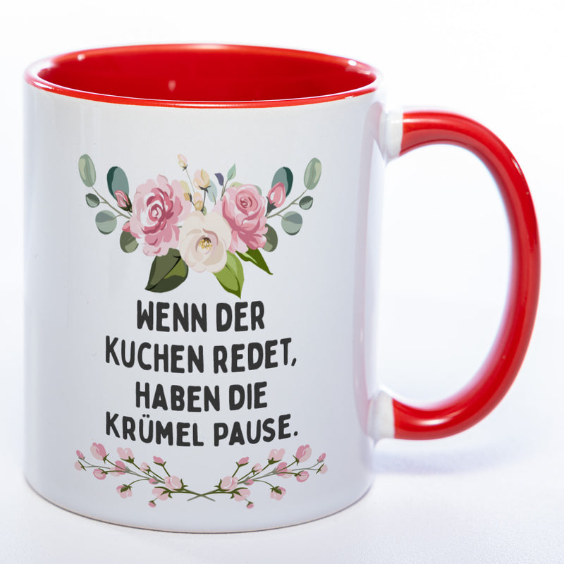 Blümchen-Tasse mit Spruch "Wenn der Kuchen redet, haben die Krümel Pause" - Lustige Kaffeetasse spülmaschinenfest