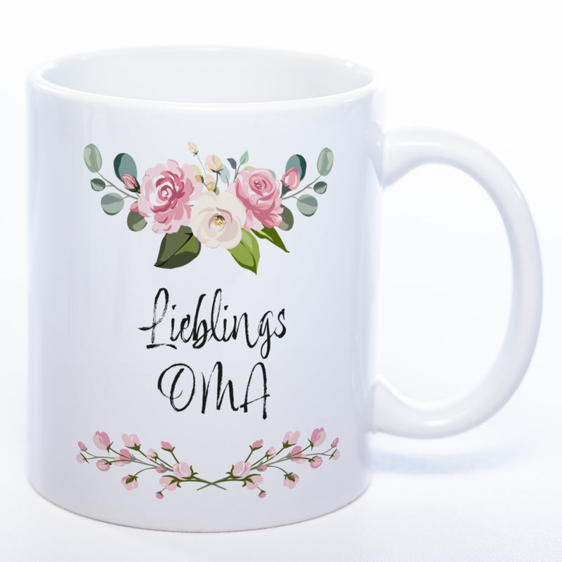 Blümchen-Tasse mit Spruch "Lieblings Oma." -  Kaffeetasse für die allerliebste Oma - spülmaschinenfest