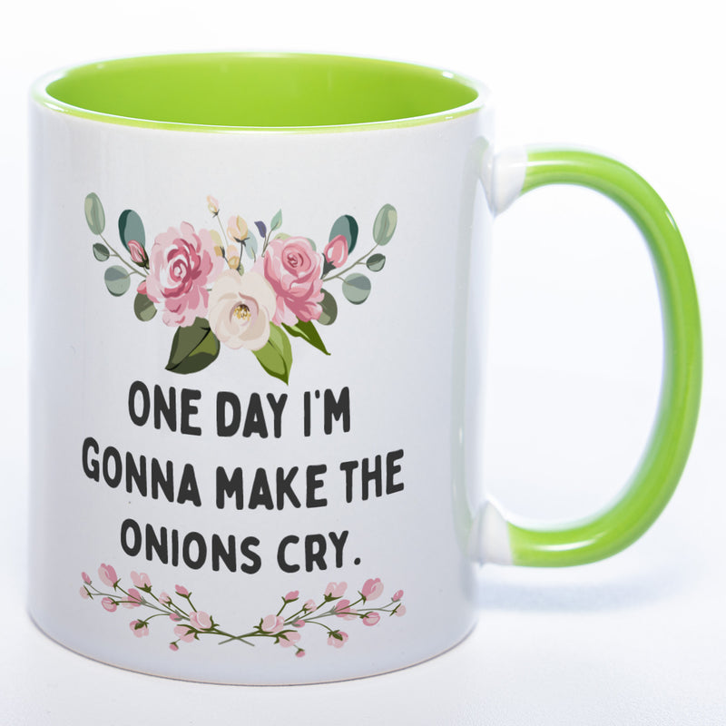 Blümchen-Tasse mit Spruch "One day I'm gonna make the onions cry." - Lustige Kaffeetasse spülmaschinenfest