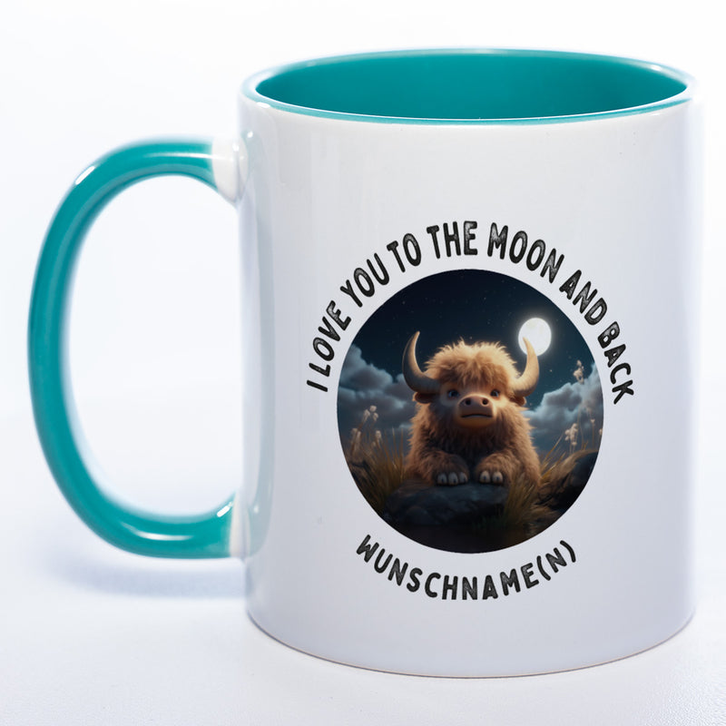 Motiv-Tasse mit Spruch "I love you to the moon and back" mit Name(n) spülmaschinenfest