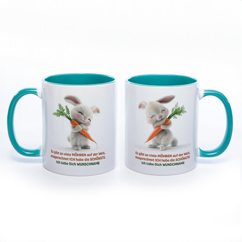 Motivtasse Hase mit Möhre und Wunschnamen - süße Kaffeetasse, nicht nur zu Ostern  - spülmaschinenfest