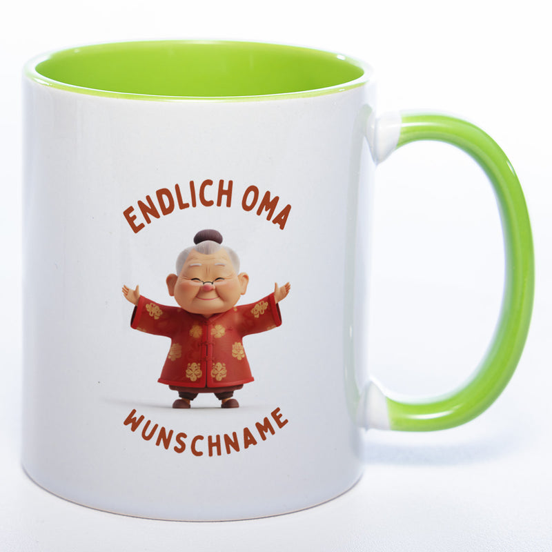 "Endlich Oma"-Tasse mit Wunschnamen - weitere Motive - spülmaschinenfest