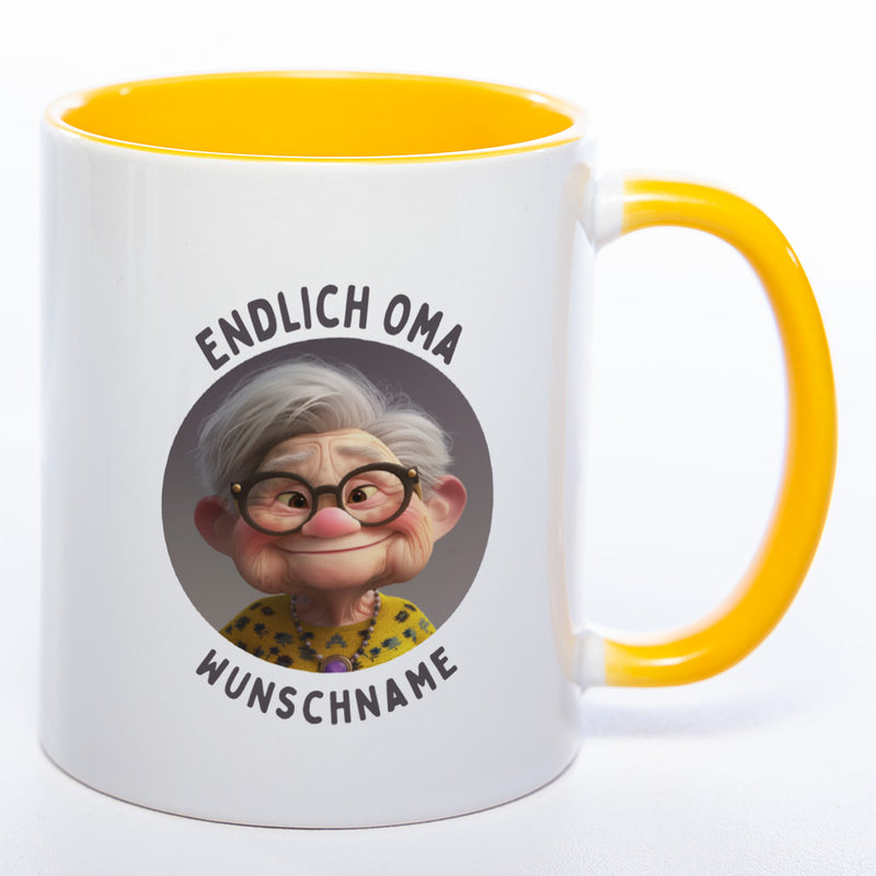 "Endlich Oma"-Tasse mit Wunschnamen - spülmaschinenfest