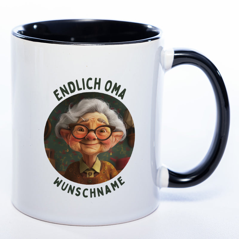 "Endlich Oma"-Tasse mit Wunschnamen - spülmaschinenfest