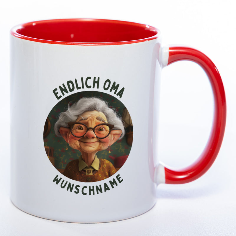 "Endlich Oma"-Tasse mit Wunschnamen - spülmaschinenfest