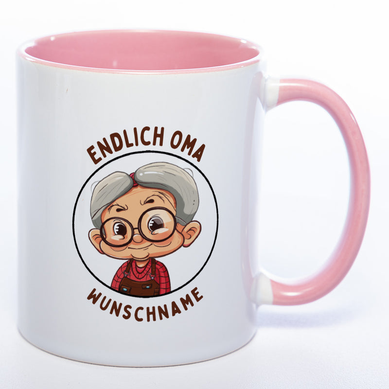 "Endlich Oma"-Tasse mit Wunschnamen - spülmaschinenfest