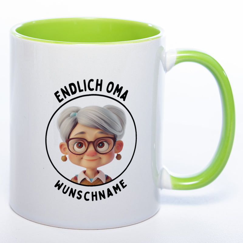 "Endlich Oma"-Tasse mit Wunschnamen - spülmaschinenfest