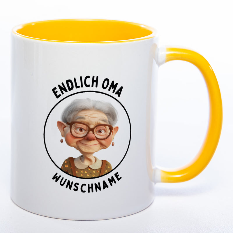 "Endlich Oma"-Tasse mit Wunschnamen - spülmaschinenfest