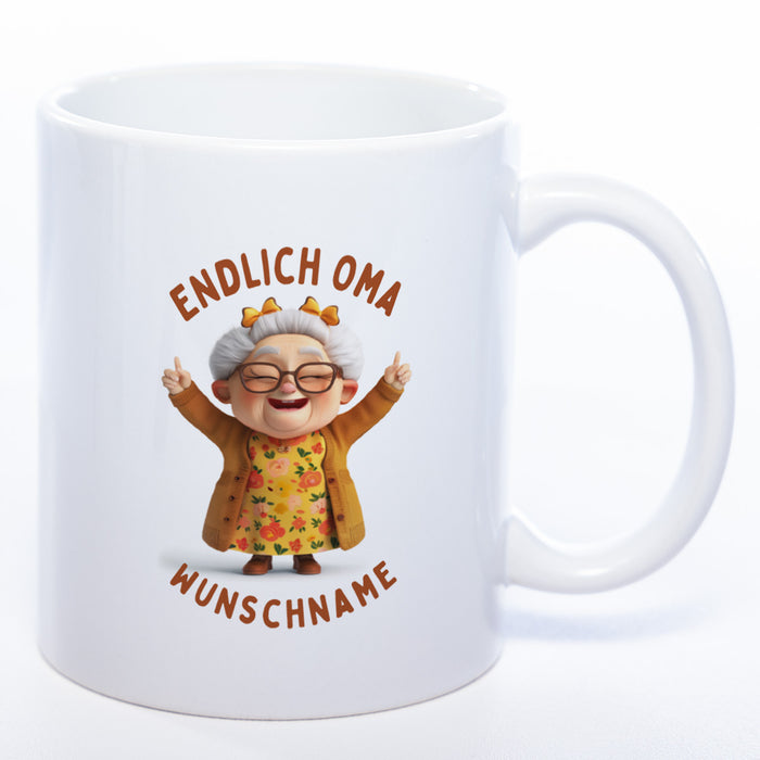 "Endlich Oma"-Tasse mit Wunschnamen - spülmaschinenfest