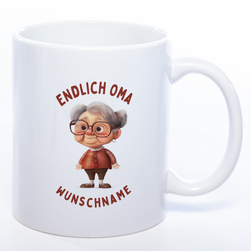 "Endlich Oma"-Tasse mit Wunschnamen - spülmaschinenfest